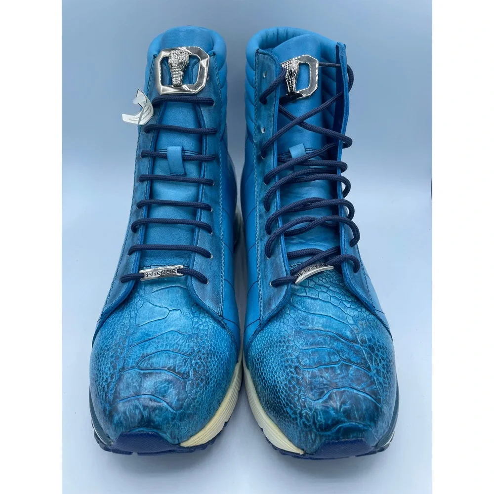 Belvedere Toro Men's Ostrich and Calfskin Leather High Top Sneakers Blue E15 12